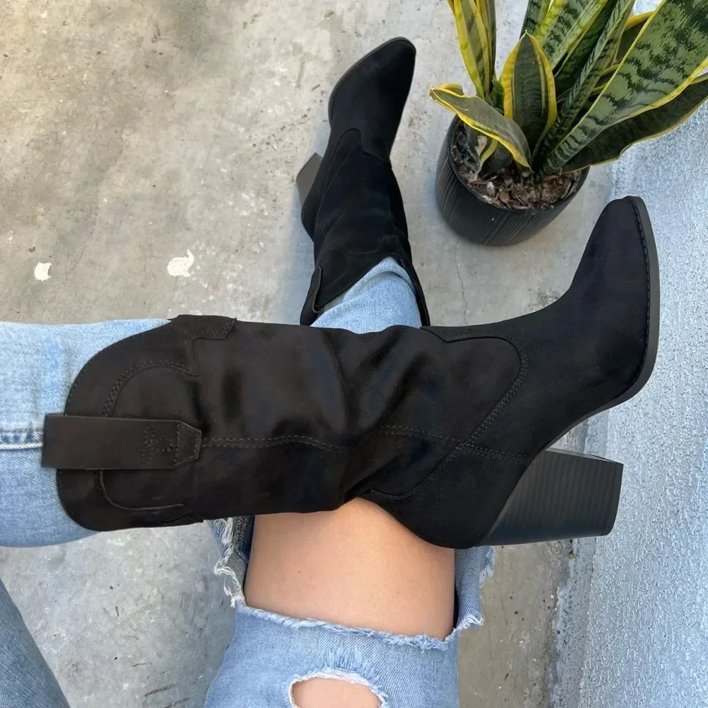 Black Cowboy Western Faux Suede Boot
